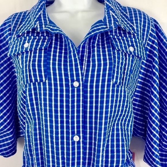 LDT Chris Button Down Collar Short Sleeve Seersucker Blouson Shirt Dress - Picture 6 of 12